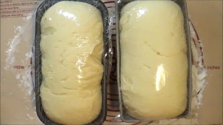 Butter bread dough in bread loaf pans after final rise.