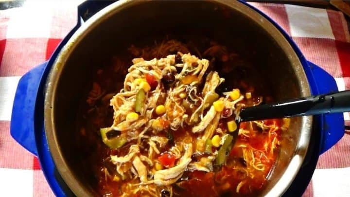 Spooning cooked chicken tortilla soup out of the Instant Pot.