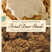 Southern fried deer steak on a white plate. Pinterest Pin.