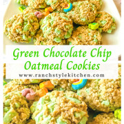 Cooked green chocolate chip oatmeal cookies on a white plate.