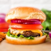 Close up of a grilled deer burger made with ground venison meat.
