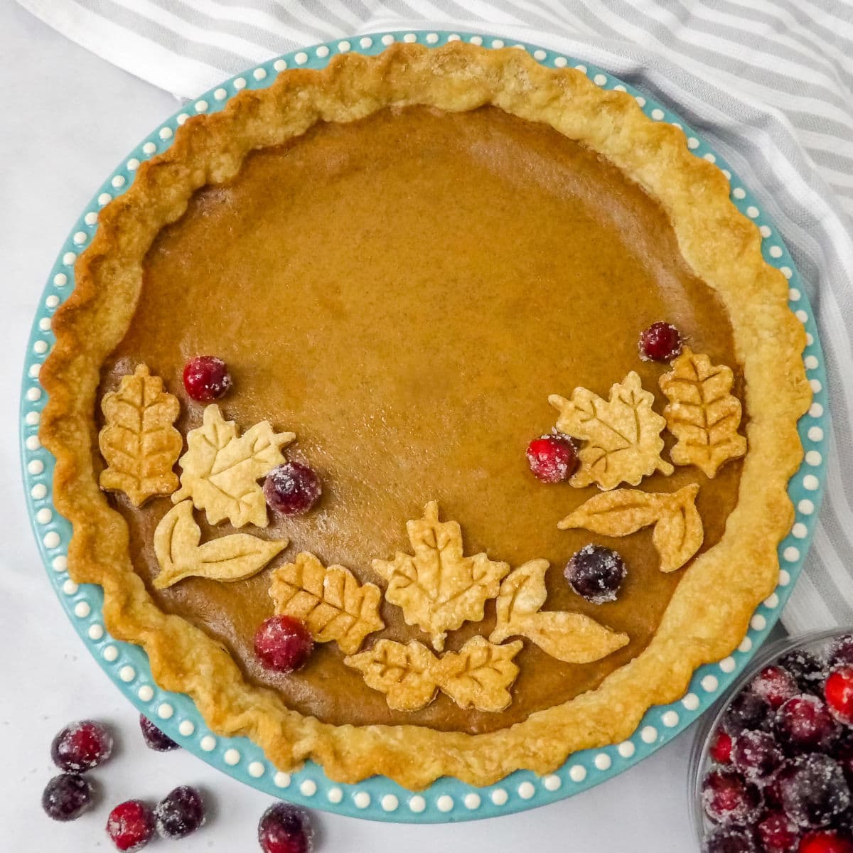 Baked homemade pumpkin pie garnished with pie leaved and sugared cranberries.