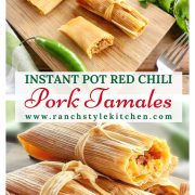 Cooked Instant Pot Red Chile Pork Tamales laying on a wooden table.