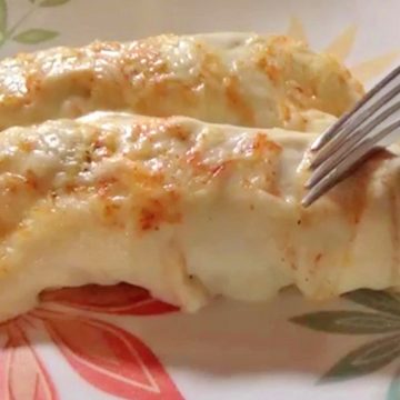 Chicken enchiladas topped with sour cream sauce and cheese laying on a white floral plate.