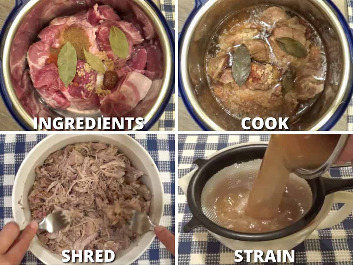Process images showing how to cook and prepare the pork shoulder for tamales.