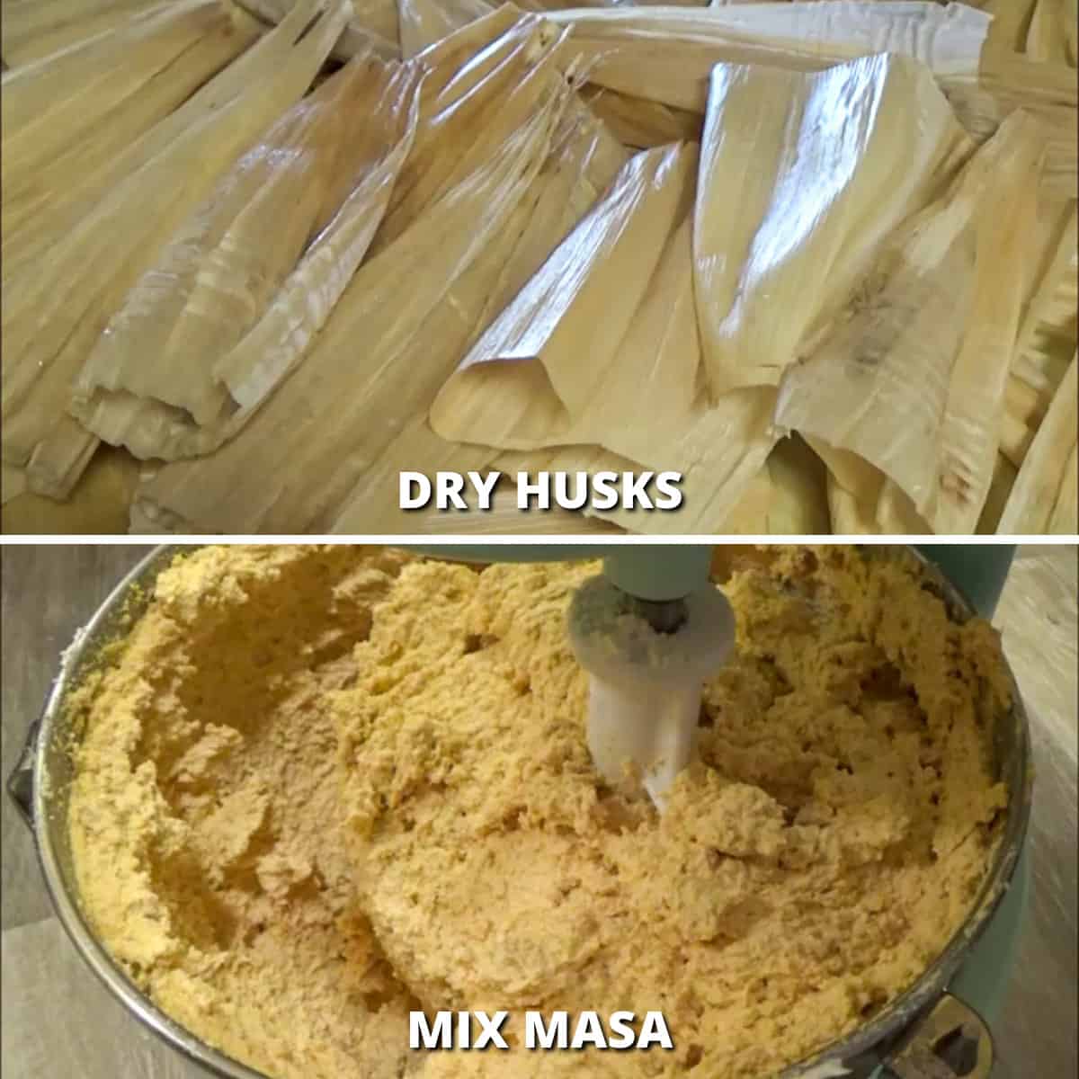 Process shots of air-drying corn husks on a towel and mixing masa dough in an electric stand mixer.