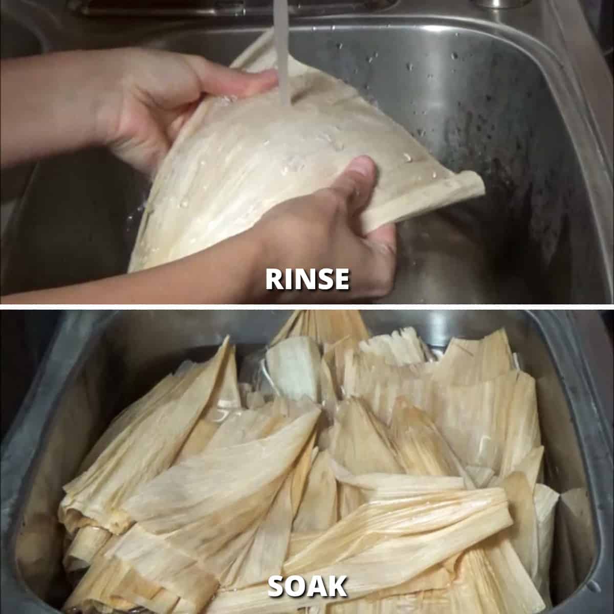 Rinsing and soaking corn husks in a kitchen sink.