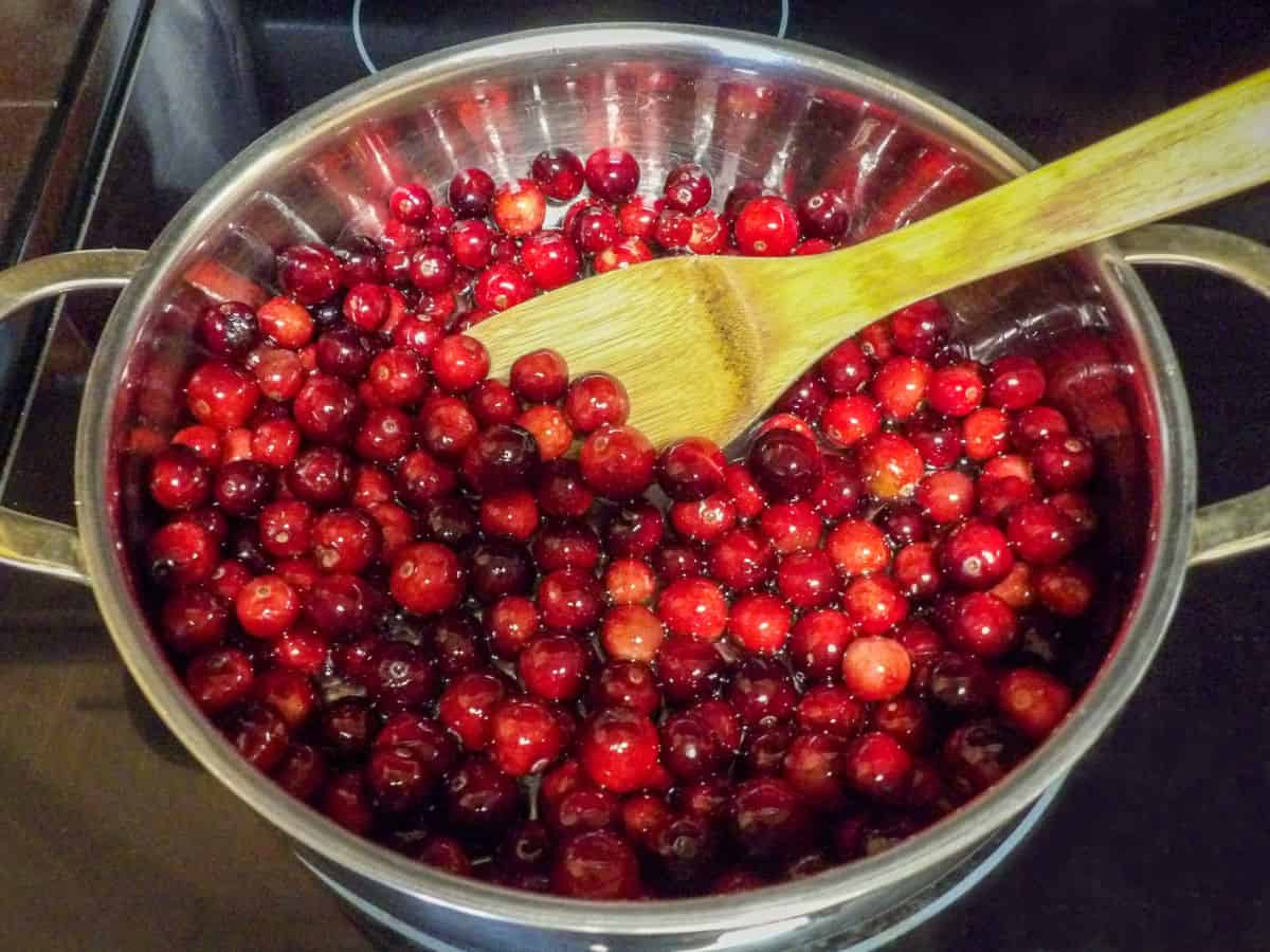 Cranberries soaking in simple syrup.
