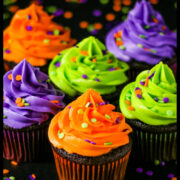 Halloween themed chocolate cupcakes topped with neon green, orange, and purple colored buttercream with sprinkles on a black table.