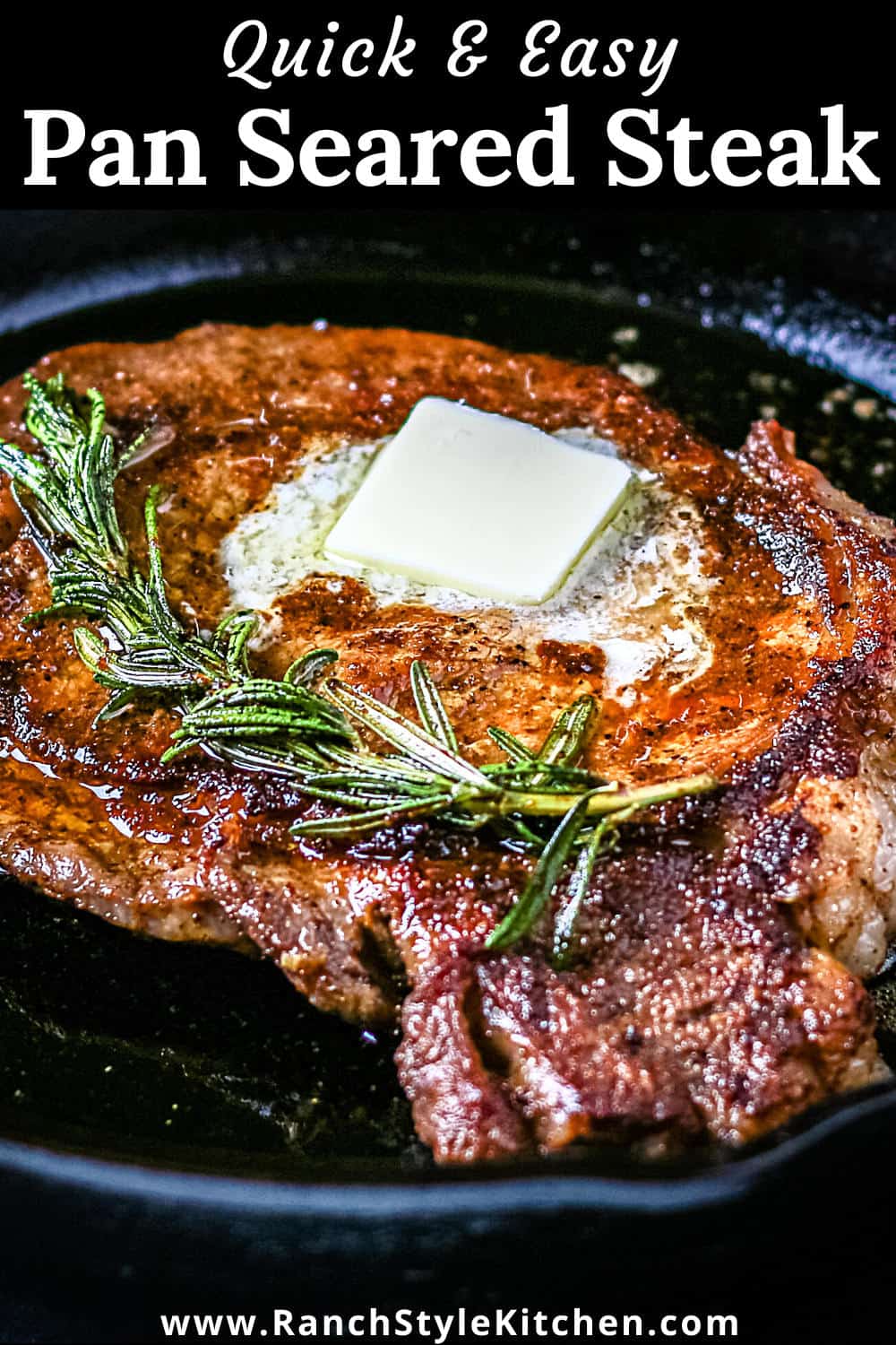 Juicy steak in a cast iron skillet garnished with butter and rosemary.