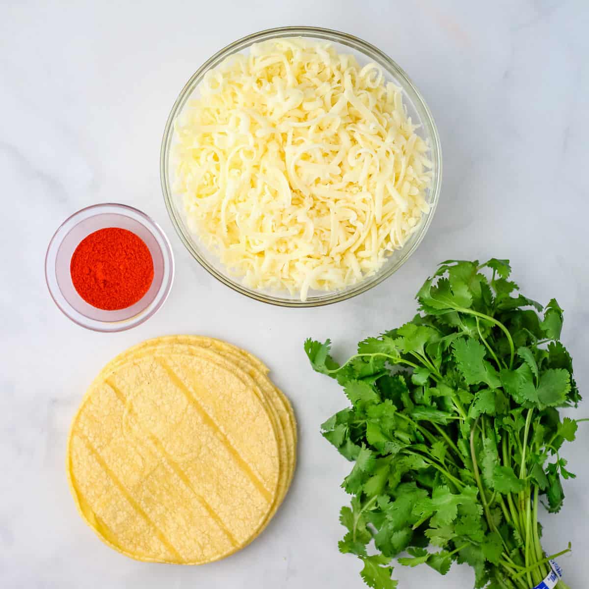 Ingredients for assembling the chicken enchilada casserole: corn tortillas, Monterey jack cheese, paprika, and cilantro.