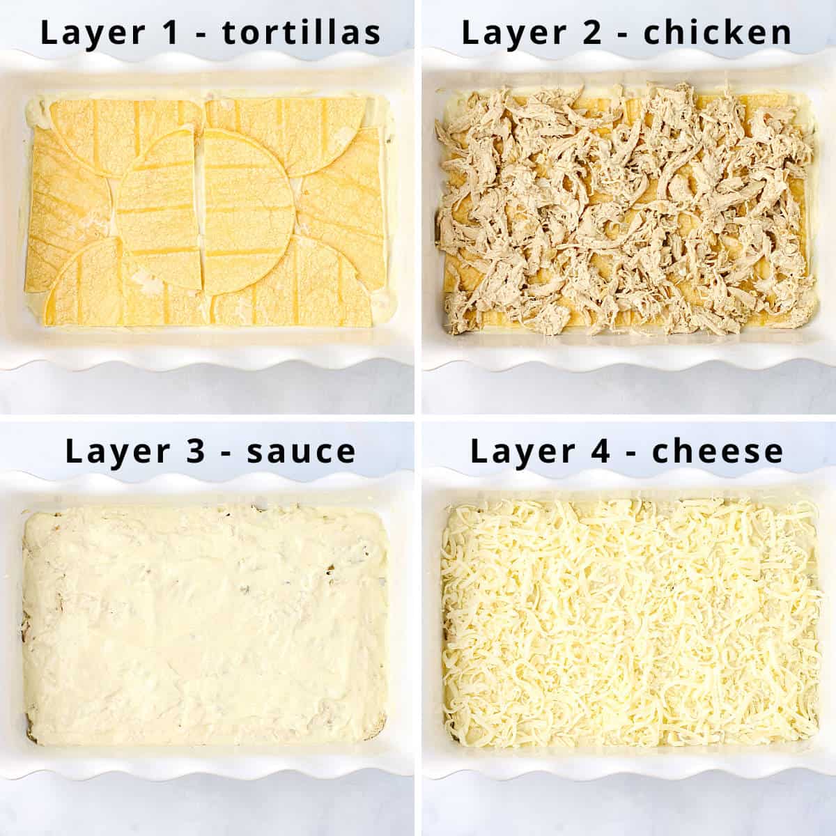 Layers 1-4 for chicken enchilada casserole.