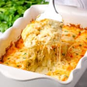 Chicken enchilada casserole garnished with fresh chopped cilantro in a white baking dish.