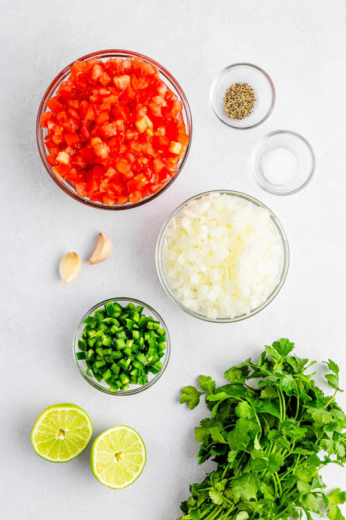 Pico de Gallo ingredients on a white countertop: tomatoes, onion, jalapeño, cilantro, garlic, lime, salt, and pepper.