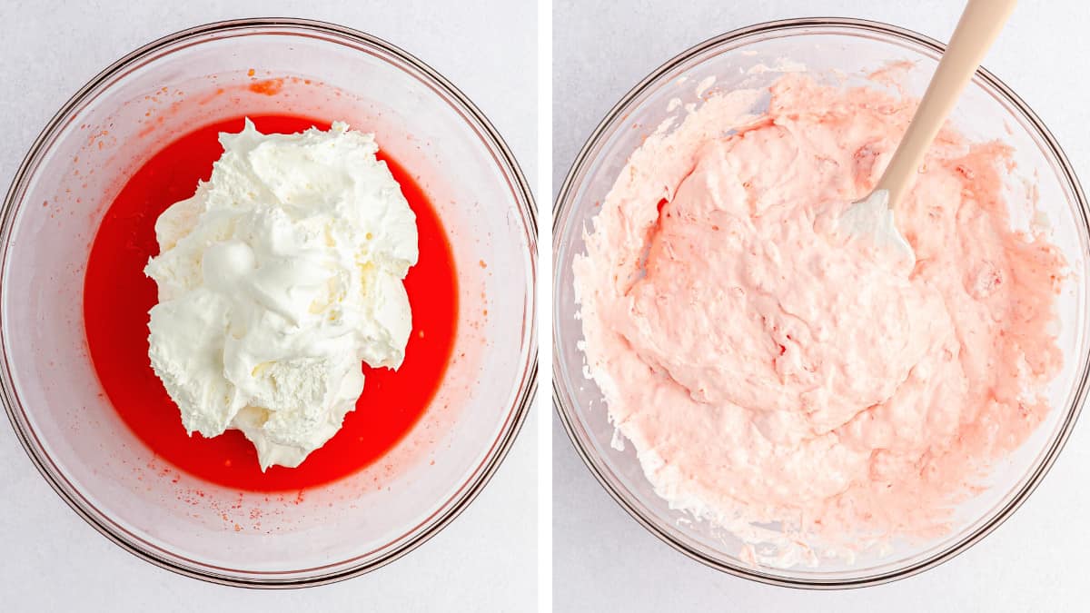 Folding cool whip into the jello/pudding mixture with a tan rubber spatula.