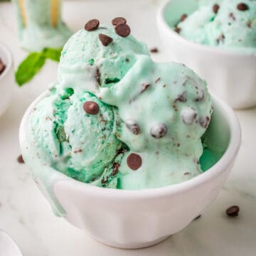 Homemade chocolate chip ice cream in a white bowl.