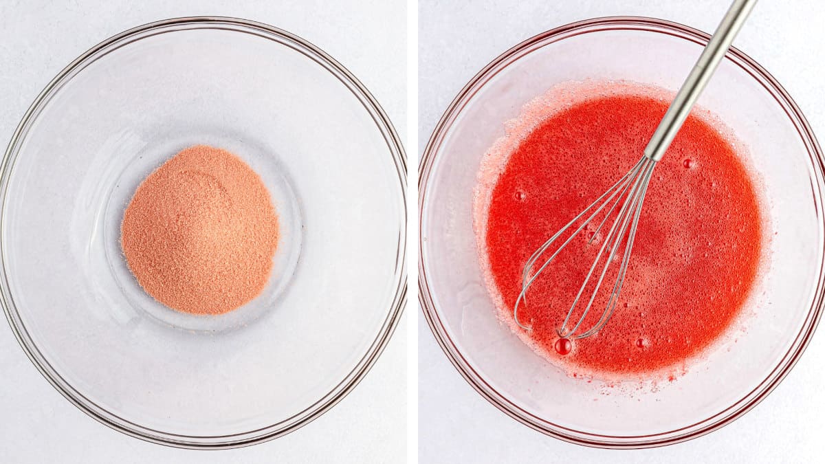 Whisking the strawberry jello mix with water.