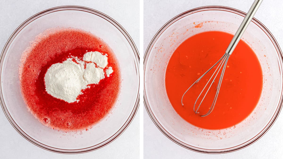 Whisking the instant vanilla pudding mix into the jello mixture.