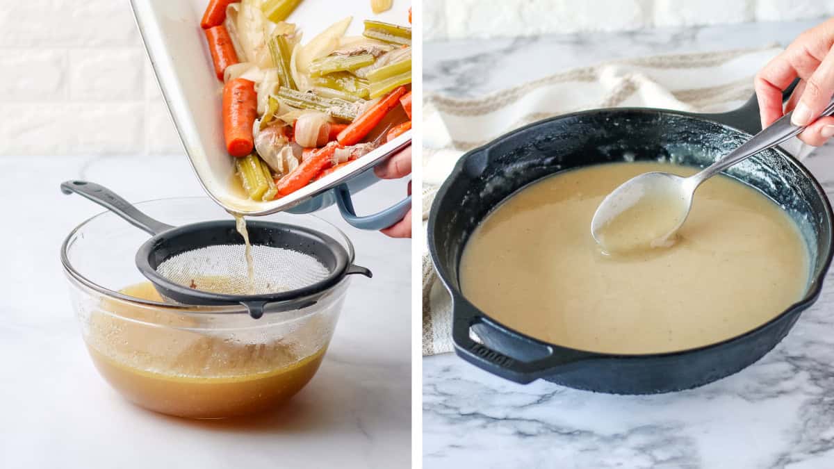 Draining the pan drippings into a glass bowl and making turkey gravy in a cast iron skillet.