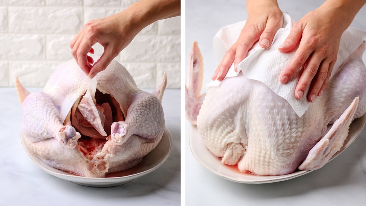Removing the bag of giblets from the turkey's cavity and blotting the rinsed bird dry with paper towels.