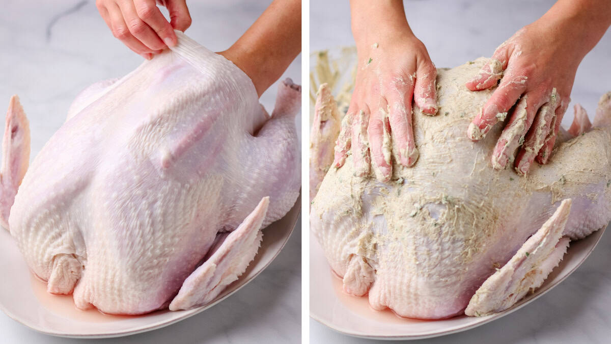 Separating the turkey's skin from the breast meat and spreading herb butter over and underneath the turkey's skin.