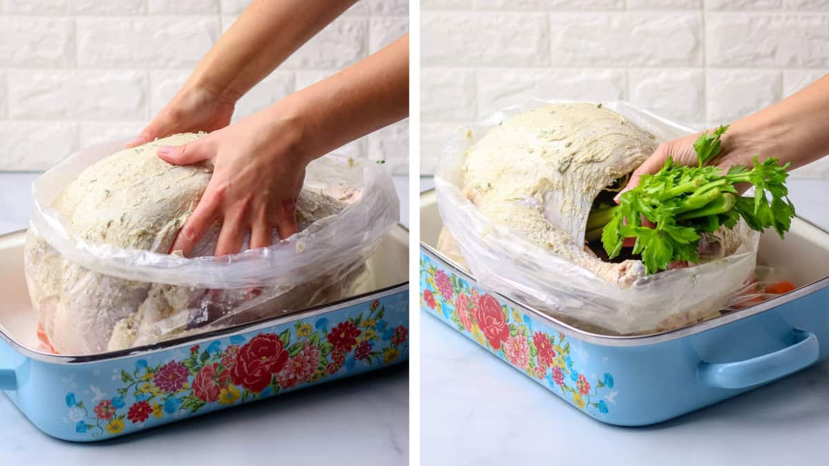 Placing the turkey into the oven bag and stuffing its cavity with rough chopped celery, carrots, and onion.
