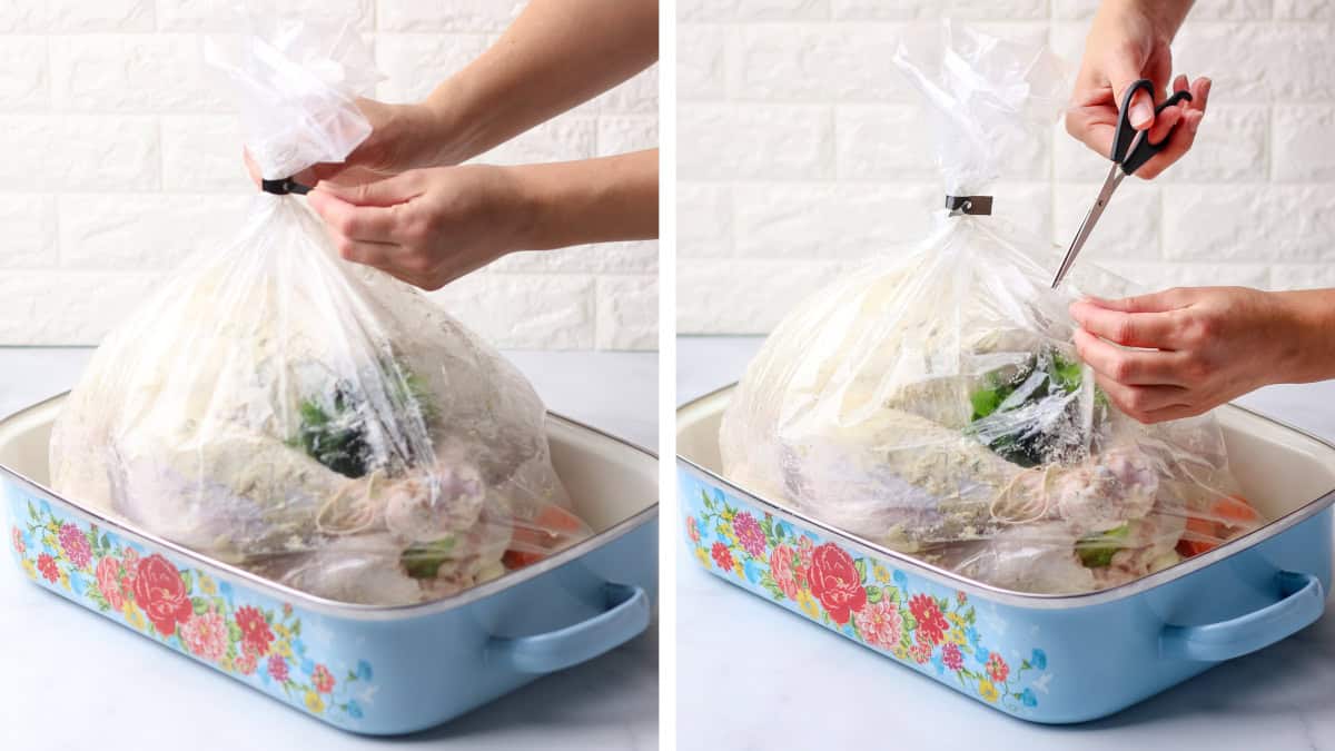 Tying the top of the oven bag closed with the turkey inside and cutting small slits on top of the bag with scissors.