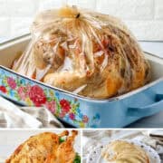 Front view of a whole cooked turkey in a bag, a baked turkey on a white platter, and sliced turkey with cream gravy on top on a white plate.