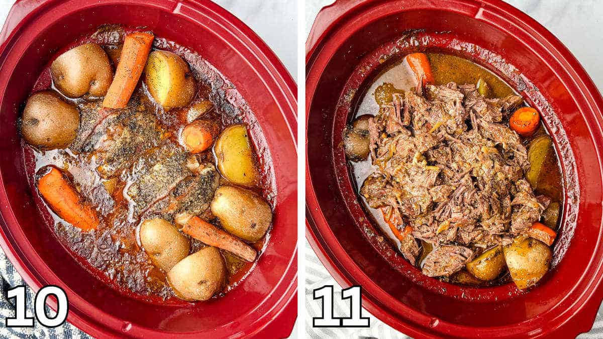 Overhead view of a cooked deer pot roast with carrots and potatoes in a red crock pot.