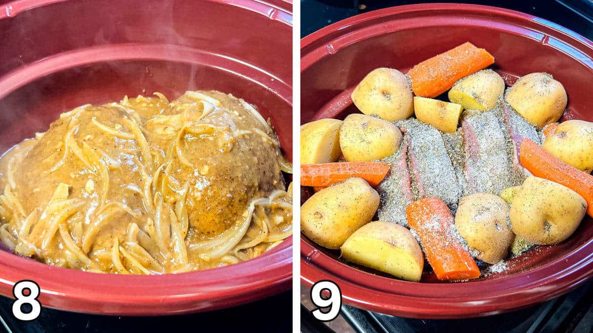 A red slow cooker filled with the seared venison roasts and raw carrots and potatoes.