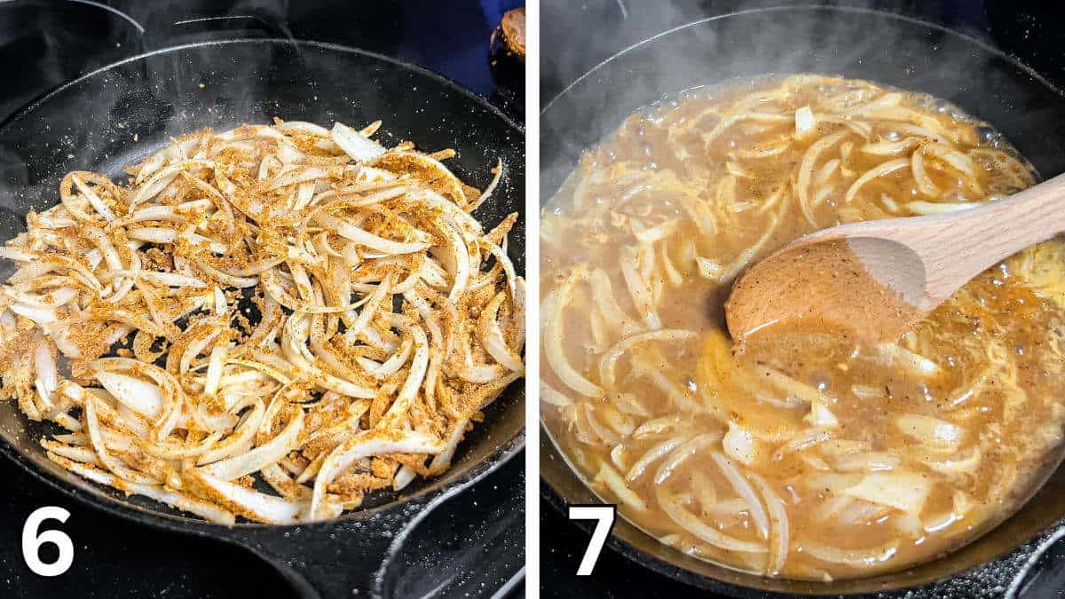 Sauteing the sliced onion in a black cast iron skillet.