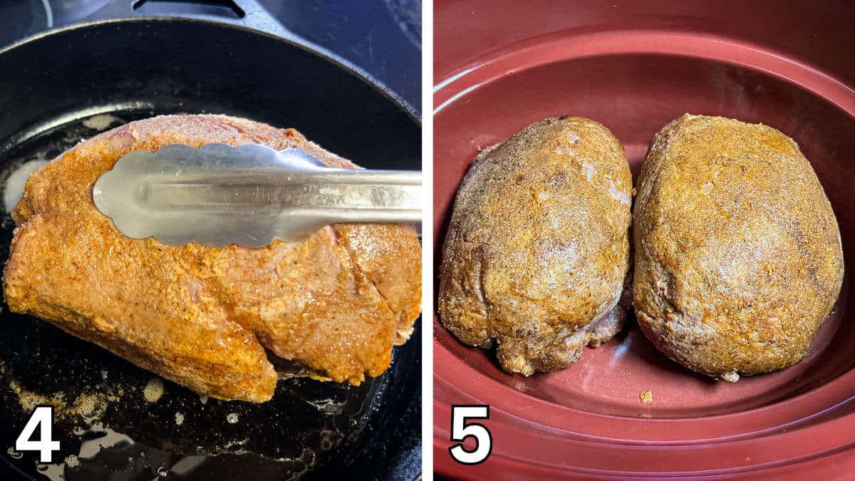 Searing the venison roasts in a black cast iron skillet.
