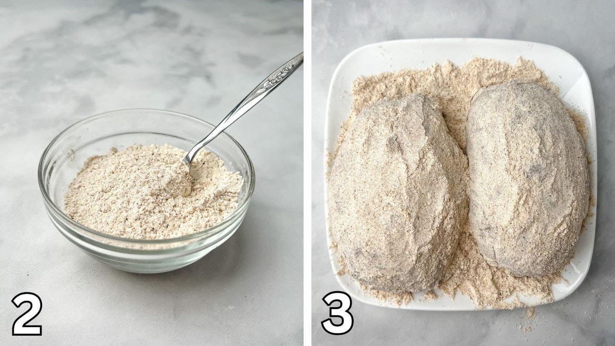 Coating the deer roasts with seasoned flour.